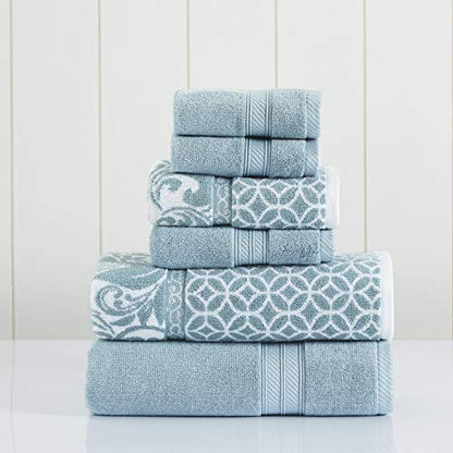 Modern Threads Trefoil Filigree 6-Piece Reversible Yarn Dyed Jacquard Towel Set - Bath Towels, Hand Towels, & Washcloths - Super Absorbent & Quick Dry - 100% Combed Cotton