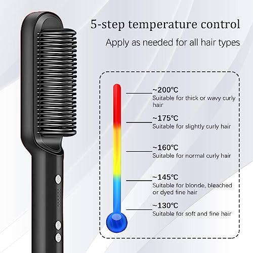 Hair Straightener Brush 30s Fast Heating Anti-Scald,Negative Ion Styling Comb, 2 in 1 Hair Straightener Brush and Curler with 5 Temp, Portable Electric Straightening Comb Heated Hair Brush(Black)