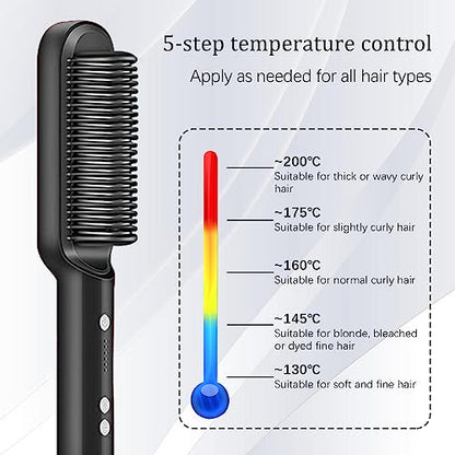 Hair Straightener Brush 30s Fast Heating Anti-Scald,Negative Ion Styling Comb, 2 in 1 Hair Straightener Brush and Curler with 5 Temp, Portable Electric Straightening Comb Heated Hair Brush(Black)