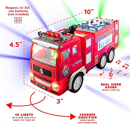 Electric Fire Truck Kids Toy - with Bright Flashing 4D Lights & Real Siren Sounds | Bump and Go Firetruck for Boys | Automatic Steering on Contact | Fire Engine Toy Trucks for Imaginative Play