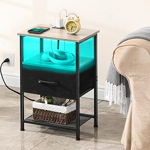 LAKEMID Nightstands Set of 2 with Charging Station and Drawer, End Table Bedside Table with 20 Colors LED Light Strip and 2 Layers Shelf for Bedroom Living Room Sofa (Grey)