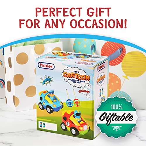 PREXTEX Toddler Remote Control Car, 2pk - Two Cartoon RC Cars: Police & Race Car - Toddler Toys - Gift Toys for 3+ Year Old Boys, 3 Year Old Boy Toys, Car Toys for 3 Year Old Boys