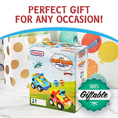 PREXTEX Toddler Remote Control Car, 2pk - Two Cartoon RC Cars: Police & Race Car - Toddler Toys - Gift Toys for 3+ Year Old Boys, 3 Year Old Boy Toys, Car Toys for 3 Year Old Boys