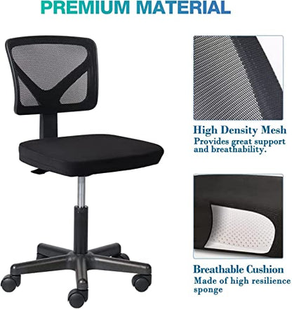 Ergonomic Home Office Desk Chair, Adjustable Armless Computer Chair with Lumbar Support, Small Mesh Task Chair with Backrest Swivel Rolling for Study, Office, Conference Room Black