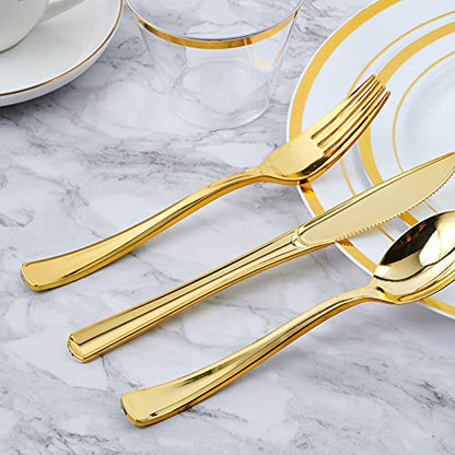 Vplus 175PCS White and Gold Disposable Dinnerware Sets for Wedding Party 25 Guests 25 Dinner Gold Plastic Plates 25 Dessert Plates & 25 Gold Paper Napkins & 25 Gold Plastic Silverware Set