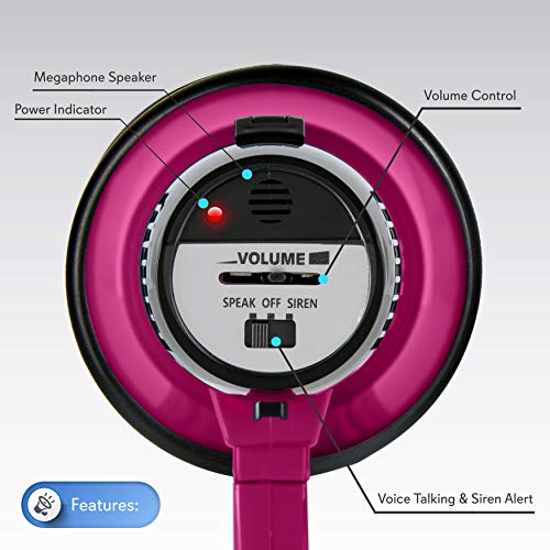 PYLE-PRO Portable Megaphone Speaker Siren Bullhorn - Compact and Battery Operated with 20 Watt Power, Microphone, 2 Modes, PA Sound and Foldable Handle for Cheerleading and Police Use PMP24PK (Pink)