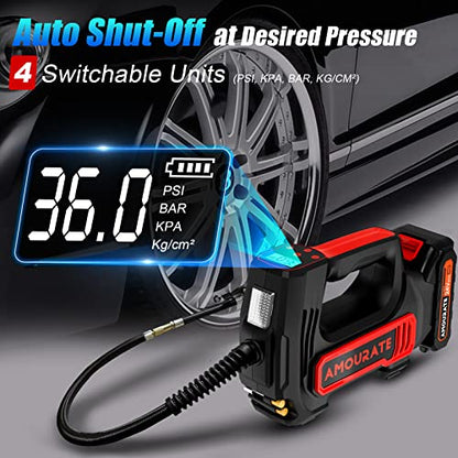 Amourate 24V Air Compressor Tire Inflator Portable for Car, Cordless Air Pump (150 PSI) with 12V Car Adapter Rechargeable Battery,Digital Pressure Gauge,Auto-off inflating Red