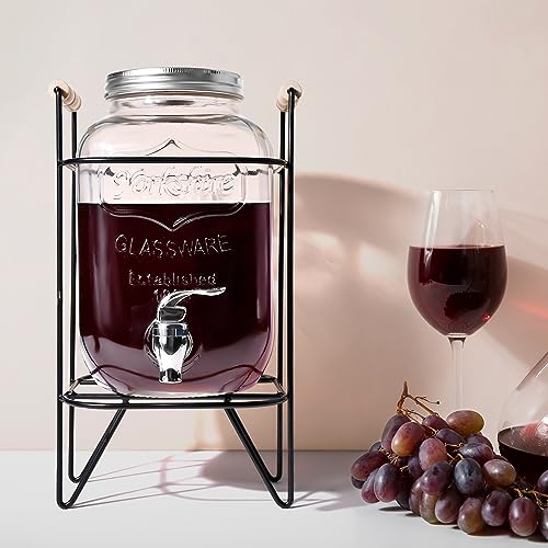 Glass Beverage Dispenser with Sturdy Metal Base and Spigots - 4L Capacity, Sealed Wooden Lid, Wine Barrel Ideal for Beverages, Alcohol, Kombucha and Detergent