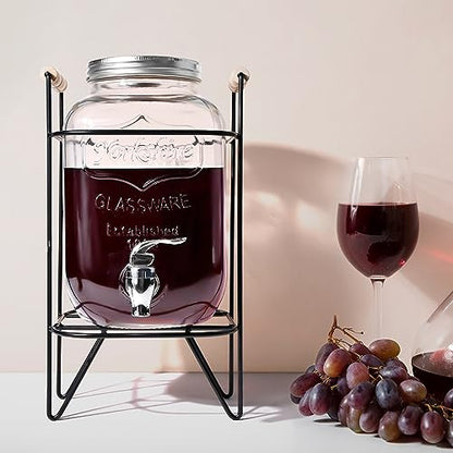 Glass Beverage Dispenser with Sturdy Metal Base and Spigots - 4L Capacity, Sealed Wooden Lid, Wine Barrel Ideal for Beverages, Alcohol, Kombucha and Detergent