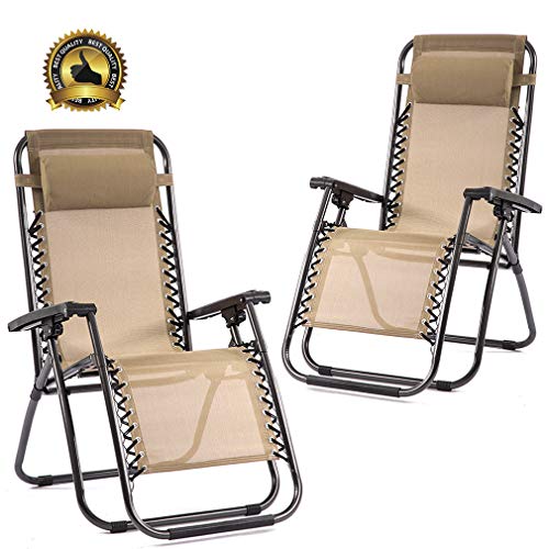 FDW Set of 2 Zero Gravity Chairs Lounge Patio Chairs Outdoor Yard Beach Garden(Tan)