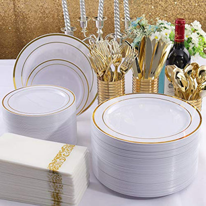I00000 300 Pcs Gold Plastic Plates with Gold Silverware, White&Gold Plastic Dinnerware Set for Party include: 60Dinner Plates 10.25", 60Dessert Plates 7.5", 60 Gold Silverware Sets