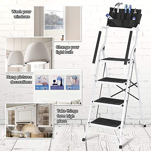 EdMaxwell 4 Step Ladder with Handrails 500 lb Capacity Step Stool Folding Portable Ladders for Home Kitchen Steel Frame with Non-Slip Wide Pedal Stepladder with Attachable Tool Bag White
