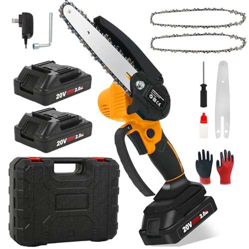 CKEVE Mini Chainsaw 6-Inch, Cordless Electric Chain Saw Battery Powered with Safety Lock for Garden Tree Trimming, 250W Motor, 2 Chains, 2 Rechargeable Battery 20V 2000mAh, Gloves Included, Orange