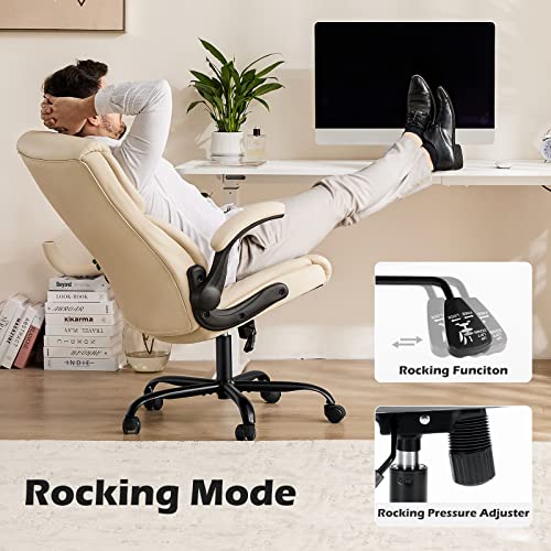 JHK Executive High Back Big and Tall Leather Office Desk Chairs with Flip Up Arms Ergonomic Lumbar Support, Adjustable Height,Wheels, Soft Padded, Black, Cream