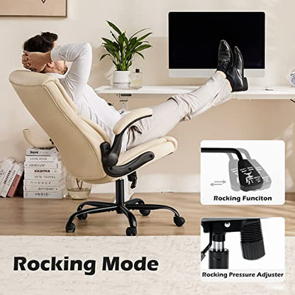 JHK Executive High Back Big and Tall Leather Office Desk Chairs with Flip Up Arms Ergonomic Lumbar Support, Adjustable Height,Wheels, Soft Padded, Black, Cream