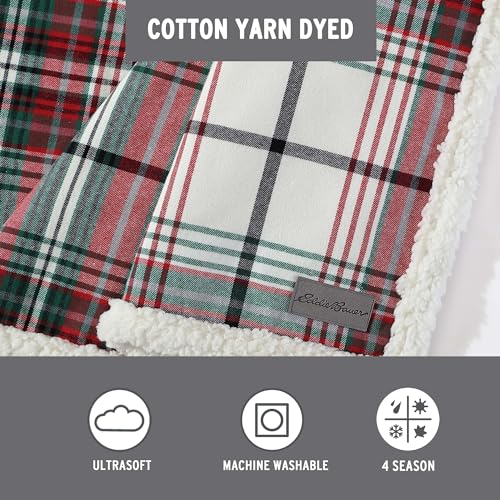 Eddie Bauer - Throw Blanket, Cotton Flannel Home Decor, All Season Reversible Sherpa Bedding (Montlake Plaid Red, Throw)
