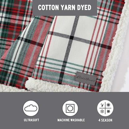 Eddie Bauer - Throw Blanket, Cotton Flannel Home Decor, All Season Reversible Sherpa Bedding (Montlake Plaid Red, Throw)