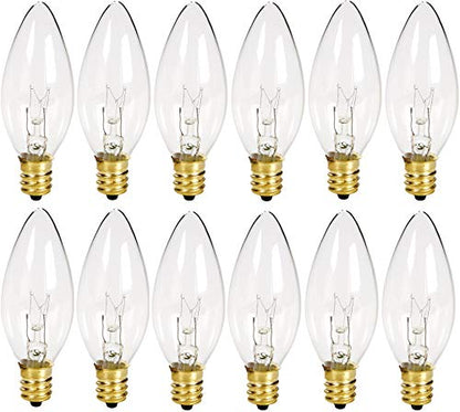 Holiday Joy - Crystal Clear Torpedo Tip Candelabra Replacement Bulbs - Great for Electric Window Candle Lamps - 7W - 120 Volts - E12 (12 Pack)