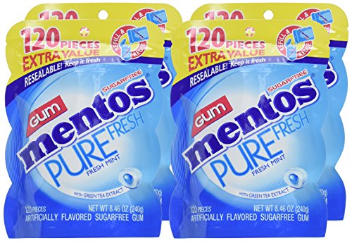 Mentos Pure Fresh Sugar-Free Chewing Gum with Xylitol, Fresh Mint, 120 Piece Resealable Bag ( Pack of 4)