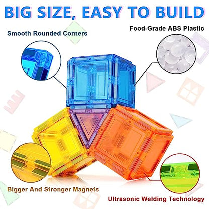 Magnetic Tiles for Kids Toys, STEM Magnetic Blocks Building Toys, Toddler Toys for Boys Age 3-4, Preschool Learning Educational Montessori Toys for 3+ Year Old, Christmas Birthday Gift for Toddlers