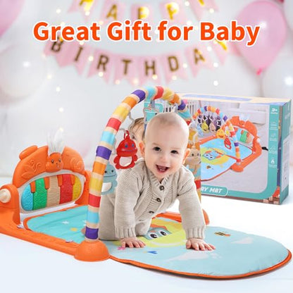 HOLYFUN Baby Gym Play Mat, Play Piano Gym with Sound & Light,Tummy Time Activity Mat with Baby Rattles for Sensory and Motor Skill Development, Musiacl Activity Center for Newborn Baby, Orange