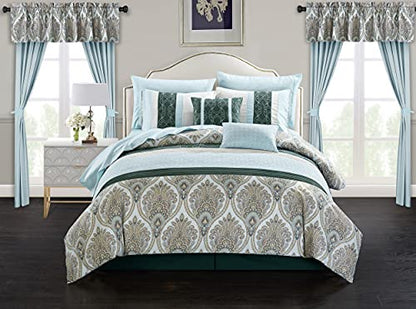 Chic Home Vivaldi 20 Piece Comforter Set Medallion Quilted Embroidered Design Complete Bag Bedding, Queen Green
