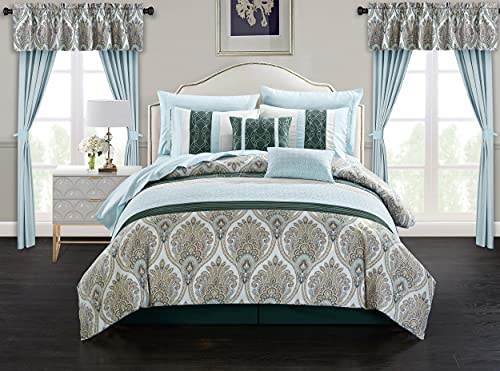 Chic Home Vivaldi 20 Piece Comforter Set Medallion Quilted Embroidered Design Complete Bag Bedding, Queen Green