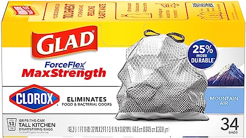 Glad ForceFlex MaxStrength with Clorox Tall Kitchen Drawstring Trash Bags, 13 Gallon Grey Trash Bags, Mountain Air Scent, 34 Count