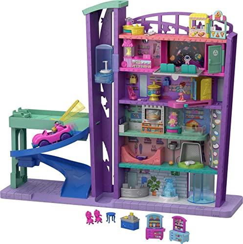 Polly Pocket Dolls and Playset, Mega Mall with 3 Micro Dolls, Toy Car and Accessories, 6 Floors and Elevator, Toys for Kids (Amazon Exclusive)