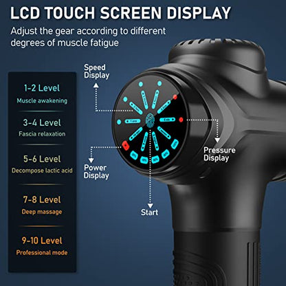 RAEMAO Massage Gun Deep Tissue, Back Massage Gun for Athletes for Pain Relief Attaching 10 PCS Specialized Replacement Heads, Percussion Massager with 10 Speeds & LED Screen, Black