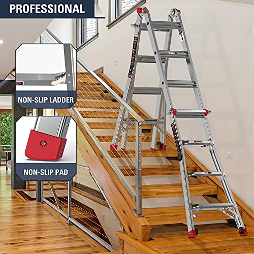 Stealth Multifunction Telescoping Ladder, Aluminum Extension Ladder with 2 Flexible Wheels, Step Ladder for Working Indoor/Outdoor EM4X4L1