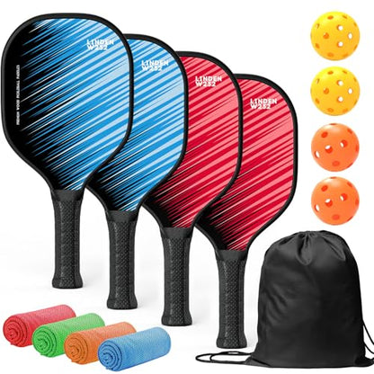 Sunlode Pickleball Paddles Set of 4, Pickleball Set of 4 Premium Wood Pickleball Rackets, 4 Pickle Balls, 4 Cooling Towels and 1 Carry Bag, Pickleball Set for Beginners & Family