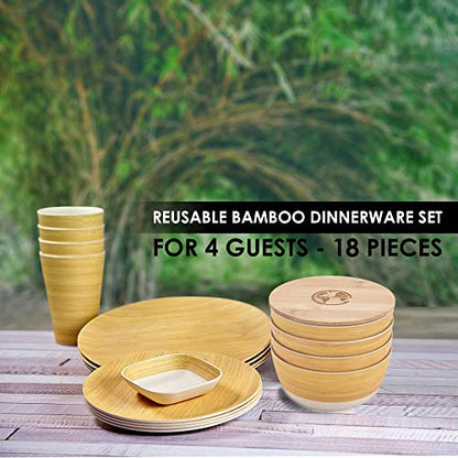Earths Dreams [18 Piece] Dishes Set for 4 - Reusable Melamine Dinnerware Set - Elegant Bamboo Design Plates and Bowls Sets w/ 1 Bonus Lid & Saucer - Conveniently Dishwasher Safe - Dinnerware Set For 4