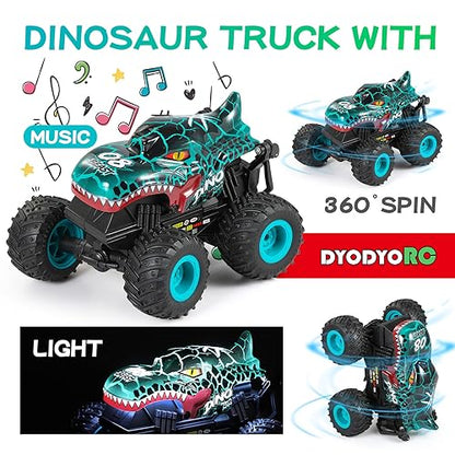 DYODYORC RC Monster Truck, 2.4Ghz High Speed Remote Control Car, All Terrain RC Truck with Light&Music&360°Stunt, RC Dinosaur Car with 2 Rechargeable Batteries, Toy Gifts for Boys and Girls (Cyan)