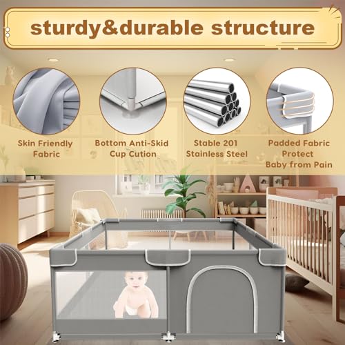 XVISHX Baby Playpen 50 x 50 Inch Play Pen Playards, Playpen for Babies and Toddlers, Baby Playard for Indoor & Outdoor Active Center Game Fence, with Skin-Friendly Fabric and Soft Breathable Mesh Grey