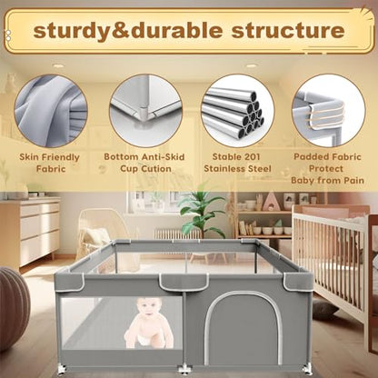 XVISHX Baby Playpen 50 x 50 Inch Play Pen Playards, Playpen for Babies and Toddlers, Baby Playard for Indoor & Outdoor Active Center Game Fence, with Skin-Friendly Fabric and Soft Breathable Mesh Grey
