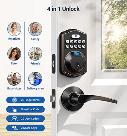 Veise Fingerprint Door Lock with 2 Lever Handles - Keyless Entry Door Lock with Handle, Electronic Keypad Deadbolt Front Door Lock Set, Auto Lock, 1 Touch Locking, Easy Installation, Oil Rubbed Bronze