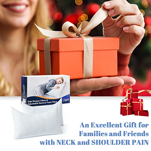 HomeMate Side Sleeper Pillow for Neck and Shoulder Pain Relief - Bed Pillows Sleeping 19" x 29" Set of 2 Adjustable Soft White Memory Foam Curved with Removable Washable Cover