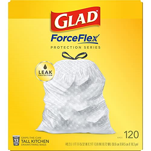 GLAD ForceFlex Tall Drawstring Trash Bags, 13 Gallon White Trash Bags for Tall Kitchen Trash Can, Unscented Leak Protection Bags, 120 Count - Packaging May Vary