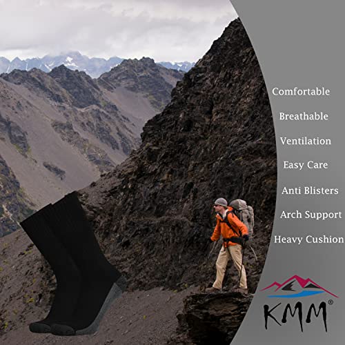 KMM Men's Cotton Full Thick Cushion Crew Socks Moisture Control Heavy Duty Work Western Boot Warm Thermal Anti Sweat Blisters(Black+Grey L)