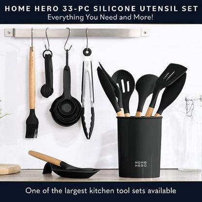 Home Hero 33 Pcs Silicone Kitchen Utensils Set, Non-Stick Silicone Cooking Utensils Set with Holder, Wooden Handle Spatula, Silicone Kitchen Gadgets Utensil Set (33 Pcs Set - Black)