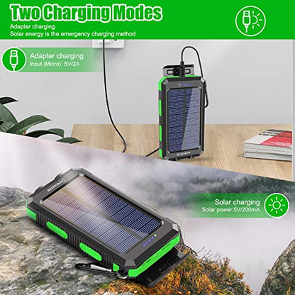 Durecopow Solar Charger, 20000mAh Portable Outdoor Waterproof Solar Power Bank, Camping External Backup Battery Pack Dual 5V USB Ports Output, 2 Led Light Flashlight with Compass (Green)