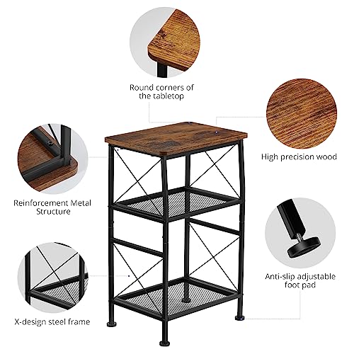 ruboka 3-Tier Small End Tables,Narrow Side Table with Steel Grid Storage Shelves,Slim Nightstand X-Design Sofa Side Table Small Bookshelf Bookcase,Display Rack for Living Room,Bedroom,Rustic Brown