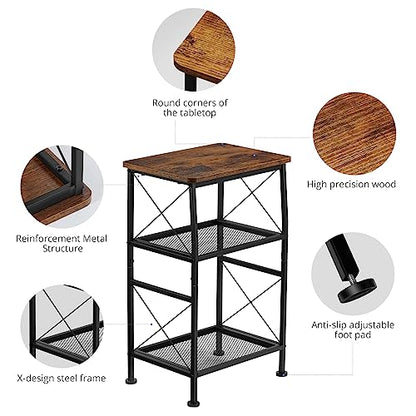 ruboka 3-Tier Small End Tables,Narrow Side Table with Steel Grid Storage Shelves,Slim Nightstand X-Design Sofa Side Table Small Bookshelf Bookcase,Display Rack for Living Room,Bedroom,Rustic Brown