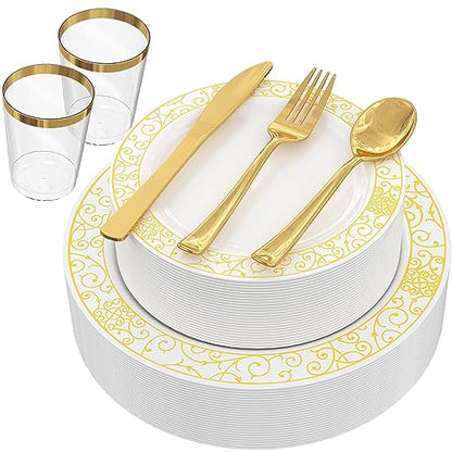 GreenElevate Plastic Plates, 150 Pieces Disposable Plates Plastic Dinnerware Set for 25 Guests: 25 Dinner Plates, 25 Dessert Plates, 25 Forks, 25 Spoons, 25 Knives, 25 Cups, Gold Party Plates