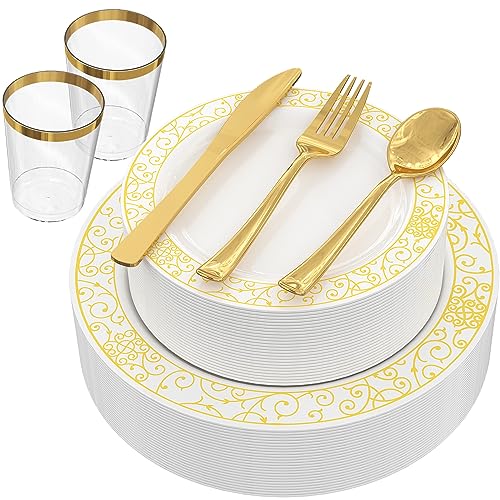 GreenElevate Plastic Plates, 150 Pieces Disposable Plates Plastic Dinnerware Set for 25 Guests: 25 Dinner Plates, 25 Dessert Plates, 25 Forks, 25 Spoons, 25 Knives, 25 Cups, Gold Party Plates