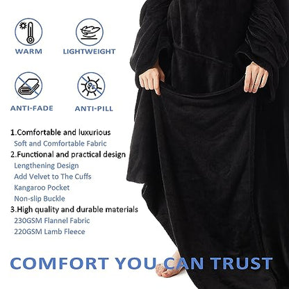 HOSUKKO Fleece blanket hoodie with Sleeves Pocket and Hat - Super Warm and Cozy Giant Blanket Hoodie - Thick Flannel Blanket - Black