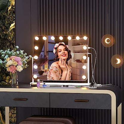 Hasipu Vanity Mirror with Lights, 22" x 18" Hollywood Lighted Makeup Mirror with 15 Dimmable Bulbs, 10X Magnification and USB Charging Port, Smart Touch 3 Colors Dimmable, 360° Rotation (Round)