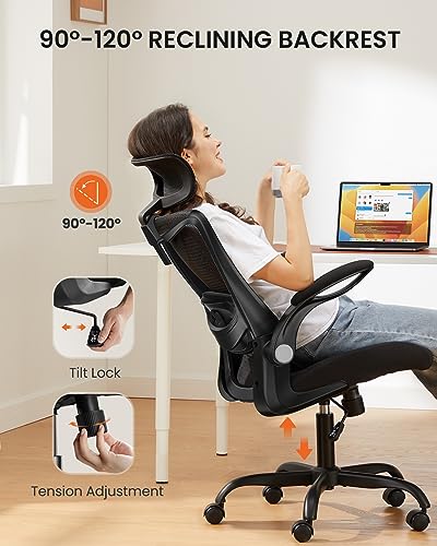 ErGear Ergonomic Desk Chair, Office Chair with 2'' Adjustable Lumbar Support, Computer Chair with Flip-Up Armrests & Headrest, High Back Office Desk Chair with 4'' Thicken Seat for Home Office, Black