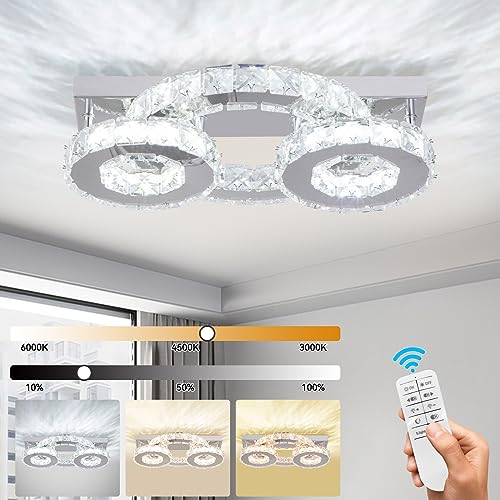 Zenouidle Dimmable Crystal Chandelier Modern Crystal Ceiling Light 3 Rings LED Flush Mount Celiling Light Fixture for Dining Room Bedroom Living Room
